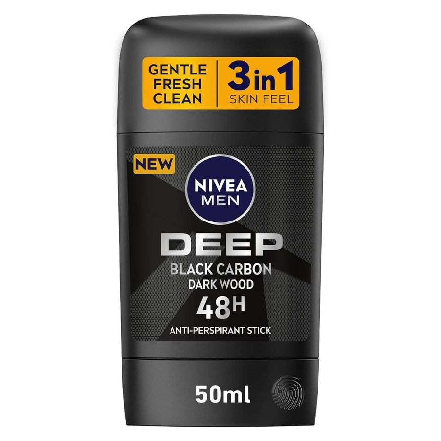 NIVEA MEN Antiperspirant Stick for Men, 48h Protection, DEEP Black Carbon Antibacterial, Woody Scent, 50ml