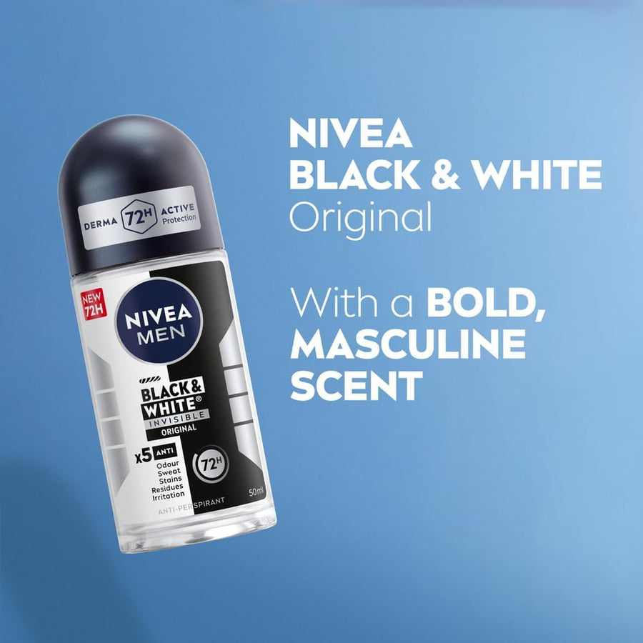 NIVEA MEN Antiperspirant Roll-on for Men, Black & White Invisible Protection Original, 50ml