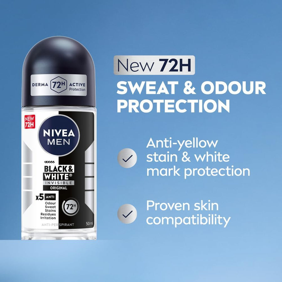 NIVEA MEN Antiperspirant Roll-on for Men, Black & White Invisible Protection Original, 50ml