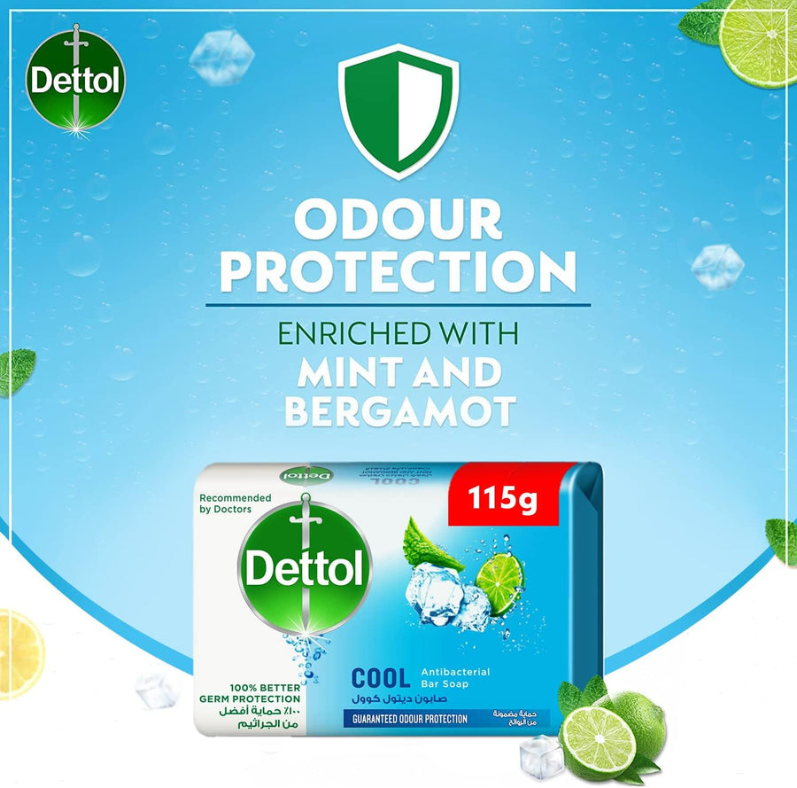 Dettol cool anti-bacterial bathing soap bar for effective germ protection, personal hygiene & odour protection , mint & bergamot fragrance, 4 pieces 115g @20% off