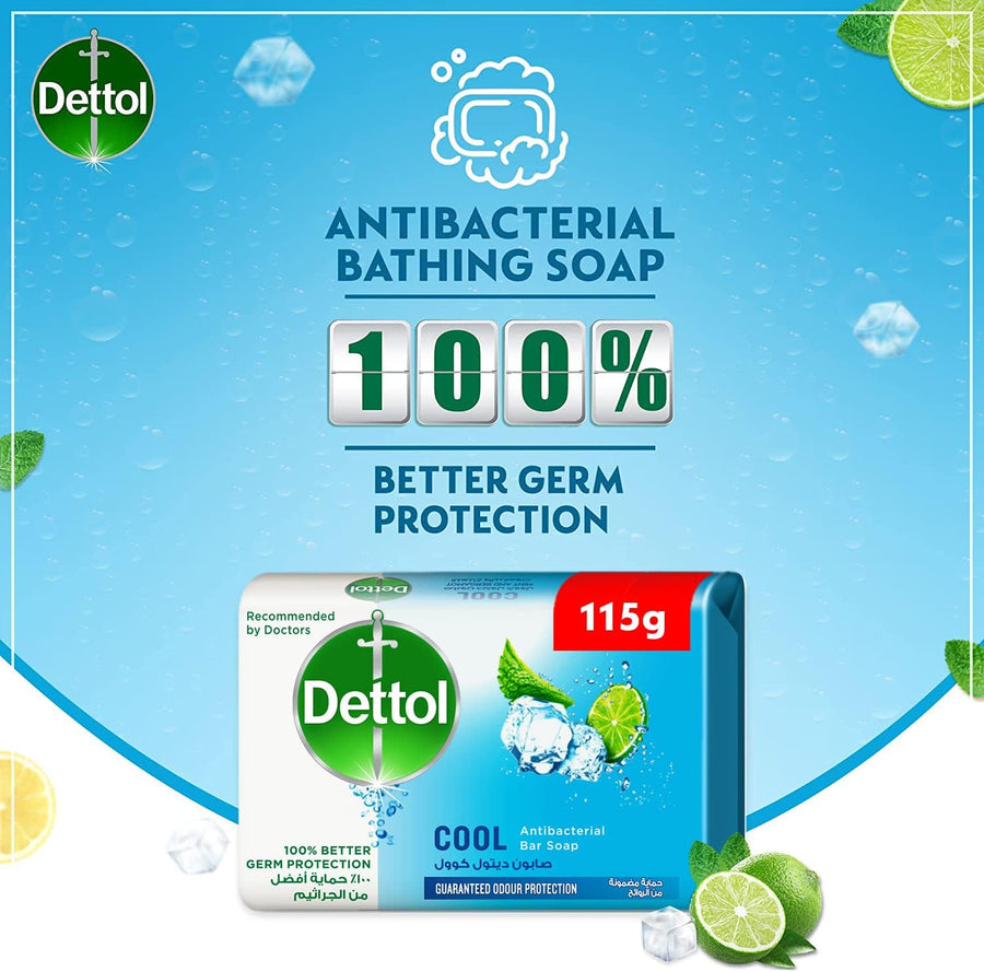 Dettol cool anti-bacterial bathing soap bar for effective germ protection, personal hygiene & odour protection , mint & bergamot fragrance, 4 pieces 115g @20% off