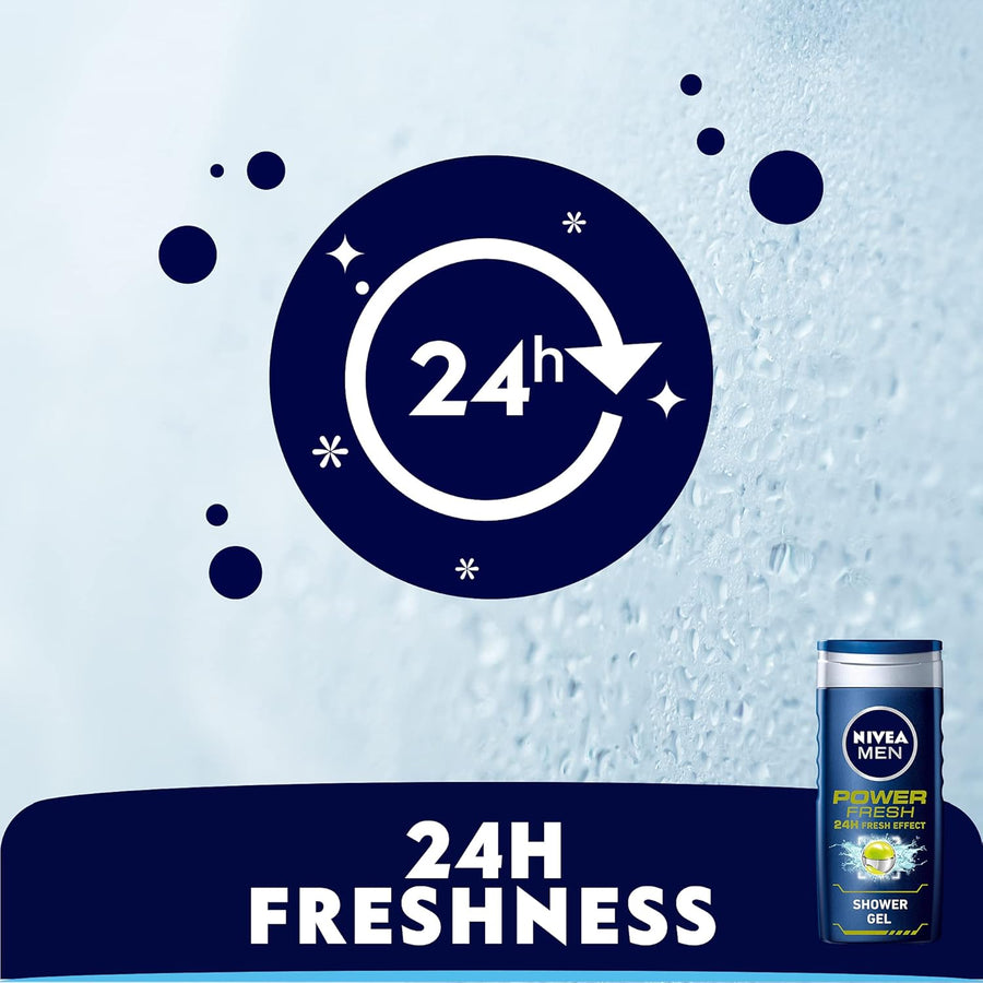 NIVEA MEN 3in1 Shower Gel Body Wash, Power Fresh 24h Fresh Effect Citrus Scent, 250ml