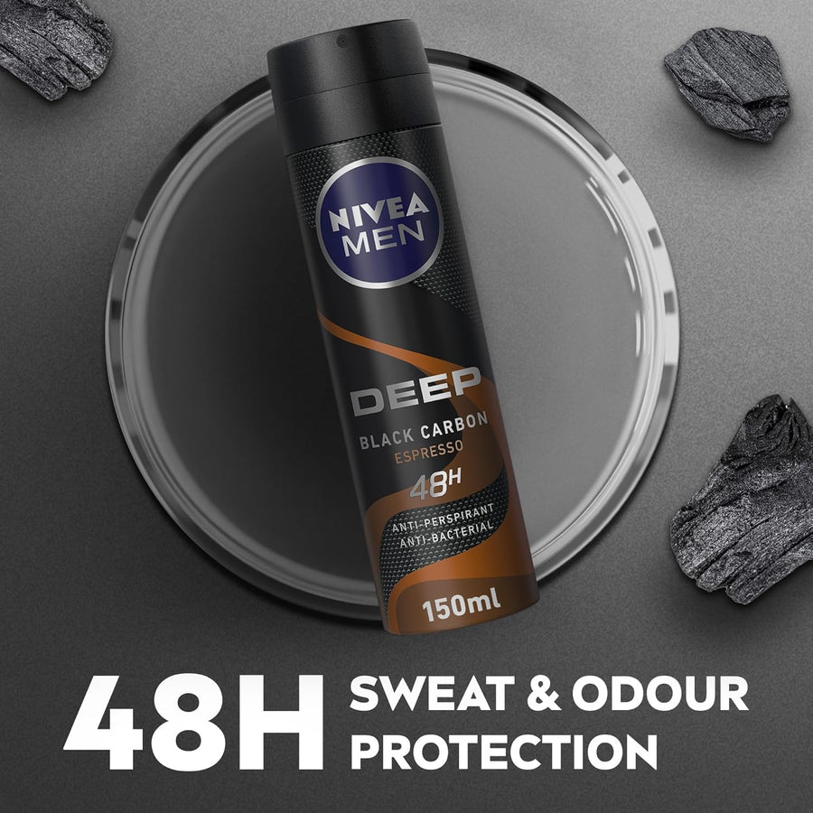 NIVEA MEN Antiperspirant Spray for Men, DEEP Black Carbon Antibacterial, Espresso Scent, 150ml