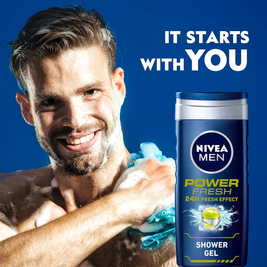 NIVEA MEN 3in1 Shower Gel Body Wash, Power Fresh 24h Fresh Effect Citrus Scent, 250ml