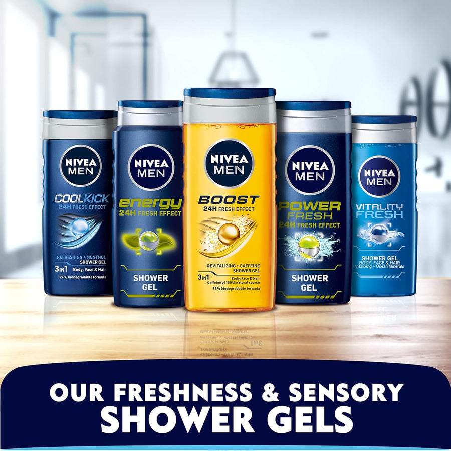 NIVEA MEN 3in1 Shower Gel Body Wash, Power Fresh 24h Fresh Effect Citrus Scent, 250ml