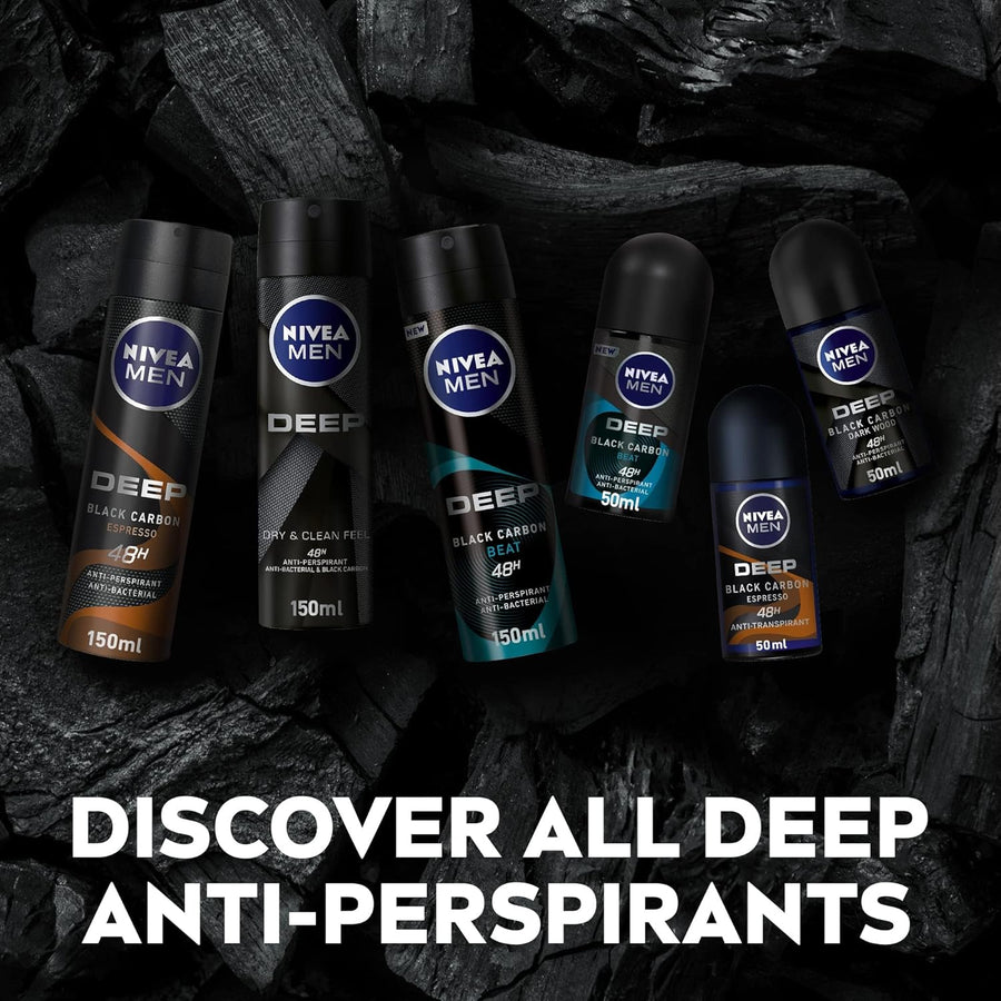 NIVEA MEN Antiperspirant Spray for Men, DEEP Black Carbon Antibacterial, Espresso Scent, 150ml