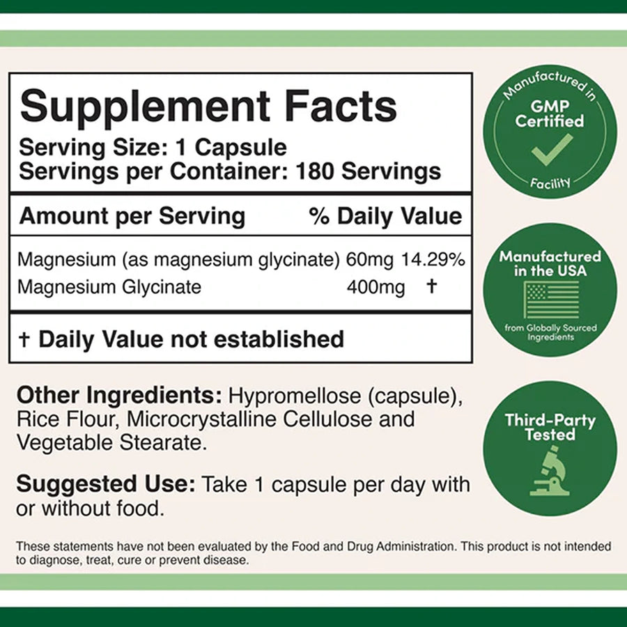 Magnesium glycinate (400 mg) – 180 veggie capsules