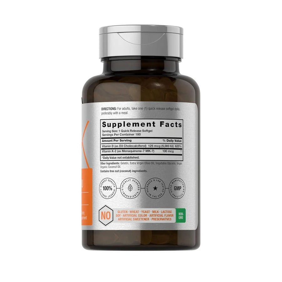 Vitamin d3 k2 | 5000iu of vitamin d & 100mcg mk-7 complex | 180 softgel capsules | non-gmo & gluten free supplement