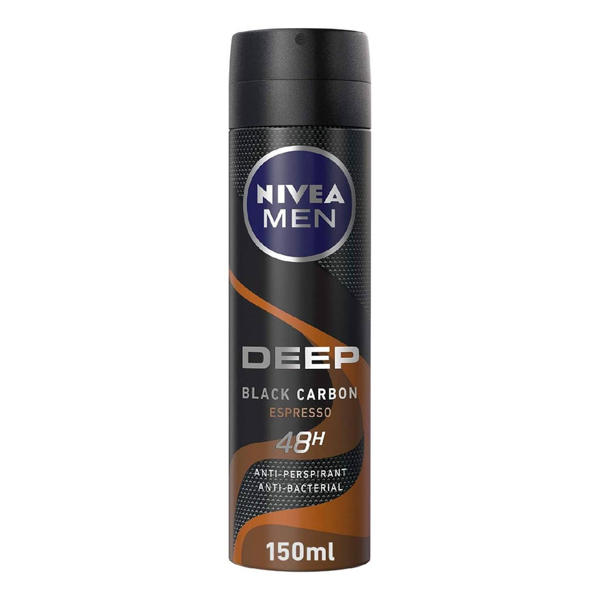 NIVEA MEN Antiperspirant Spray for Men, DEEP Black Carbon Antibacterial, Espresso Scent, 150ml