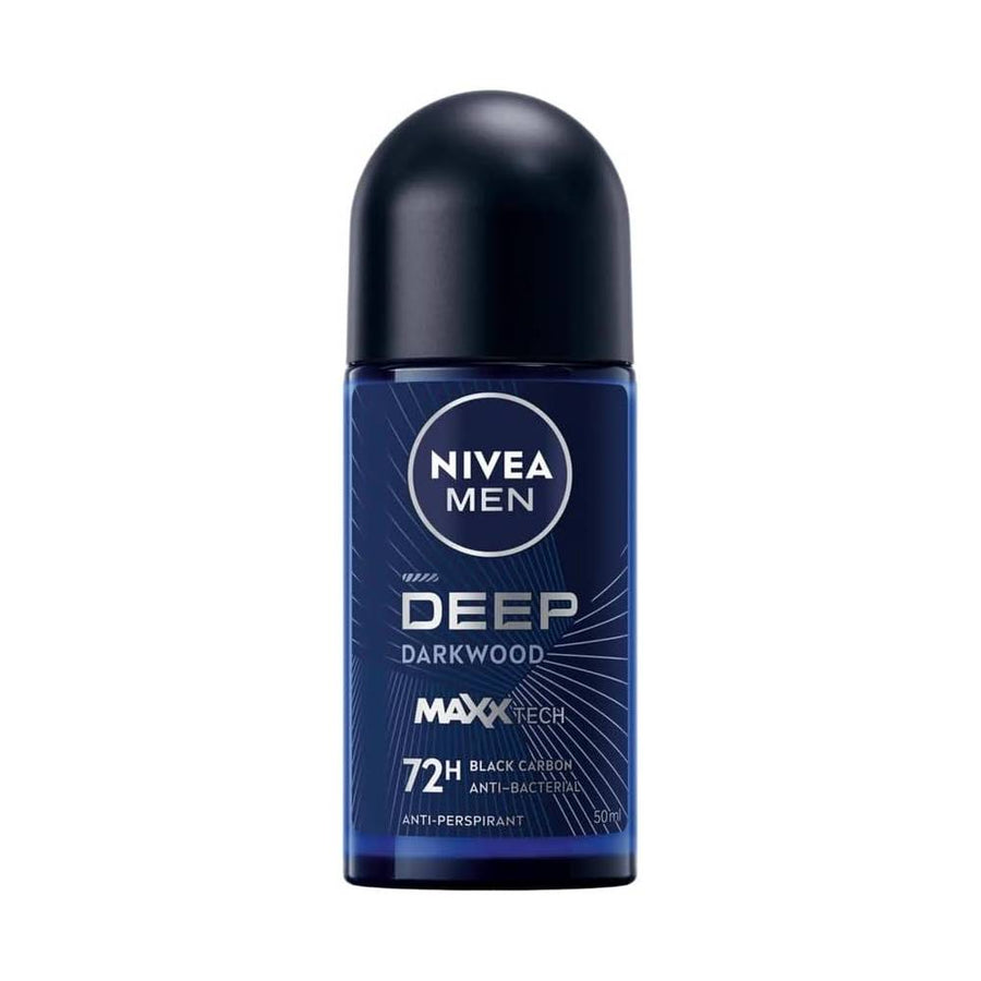 NIVEA MEN Antiperspirant Roll-on for Men, DEEP Black Carbon Antibacterial, Dark Wood Scent, 50ml