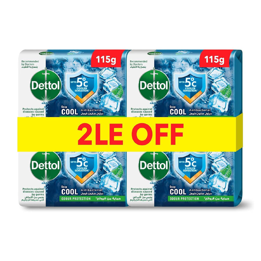 Dettol cool anti-bacterial bathing soap bar for effective germ protection, personal hygiene & odour protection , mint & bergamot fragrance, 4 pieces 115g @20% off