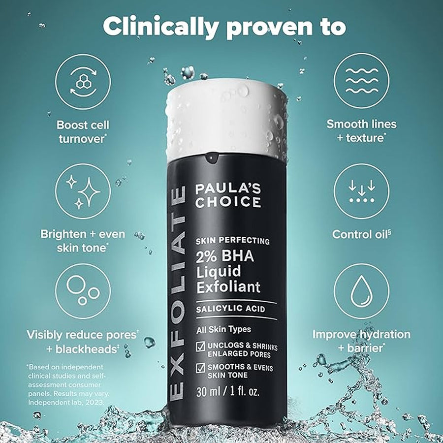 Skin perfecting 2% bha,Liquid salicylic acid exfoliant, gentle facial exfoliator for blackheads, large pores, wrinkles & fine lines, travel size, 1 fluid ounce - packaging may vary