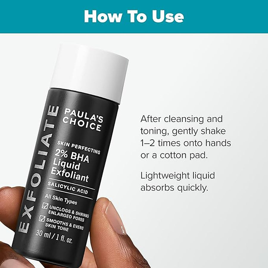 Skin perfecting 2% bha,Liquid salicylic acid exfoliant, gentle facial exfoliator for blackheads, large pores, wrinkles & fine lines, travel size, 1 fluid ounce - packaging may vary