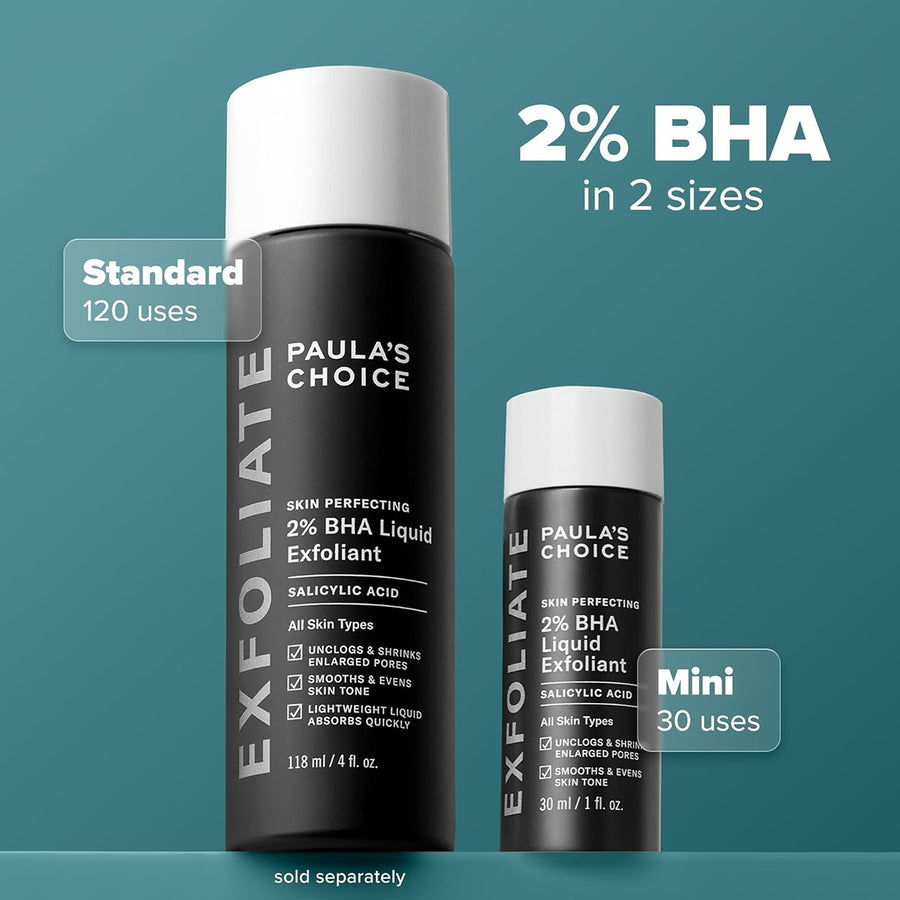 Skin perfecting 2% bha,Liquid salicylic acid exfoliant, gentle facial exfoliator for blackheads, large pores, wrinkles & fine lines, travel size, 1 fluid ounce - packaging may vary